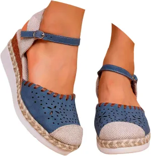 Arch Support Sandals Closed Toe Women's Low Wedge Sandals Comfortable Espadrilles Slip On Ankle Strap Walking Shoes