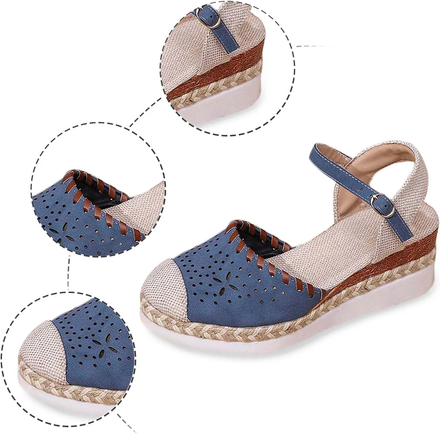 Arch Support Sandals Closed Toe Women's Low Wedge Sandals Comfortable Espadrilles Slip On Ankle Strap Walking Shoes