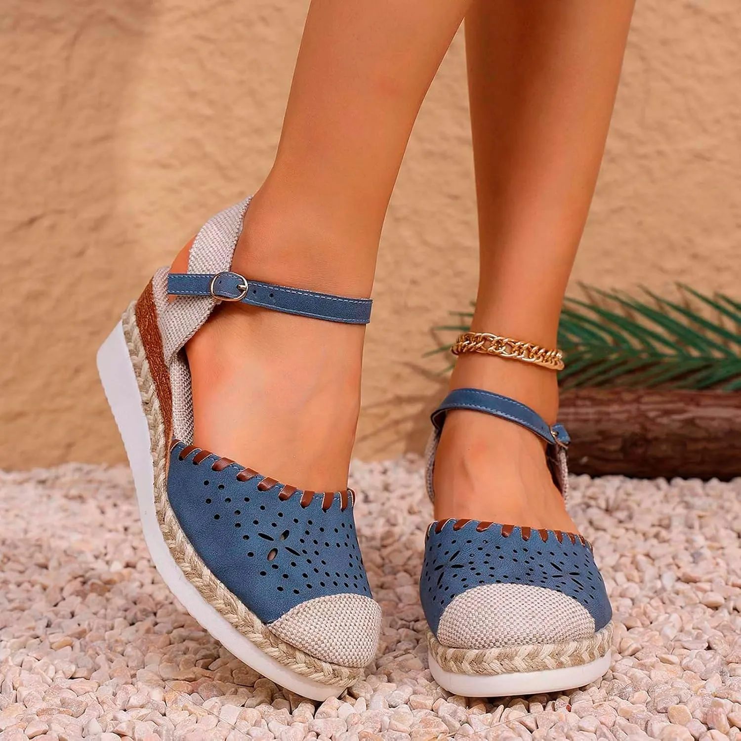 Arch Support Sandals Closed Toe Women's Low Wedge Sandals Comfortable Espadrilles Slip On Ankle Strap Walking Shoes