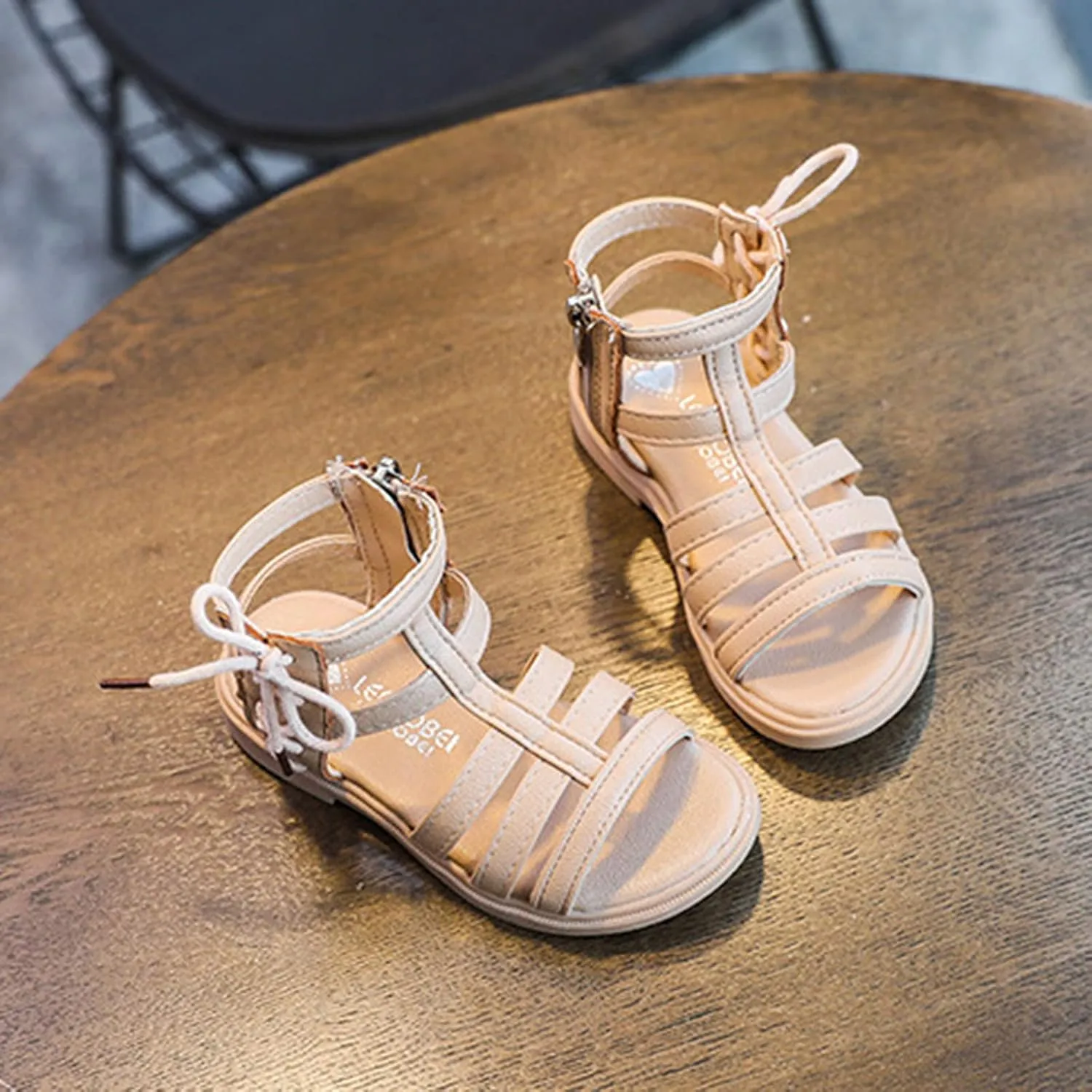 Baby Girls Leather T-Strap Gldiator Sandals Soft Breathable Pep Toe Ankle Strap Shoes Toddler Kids Side Zip Sandals