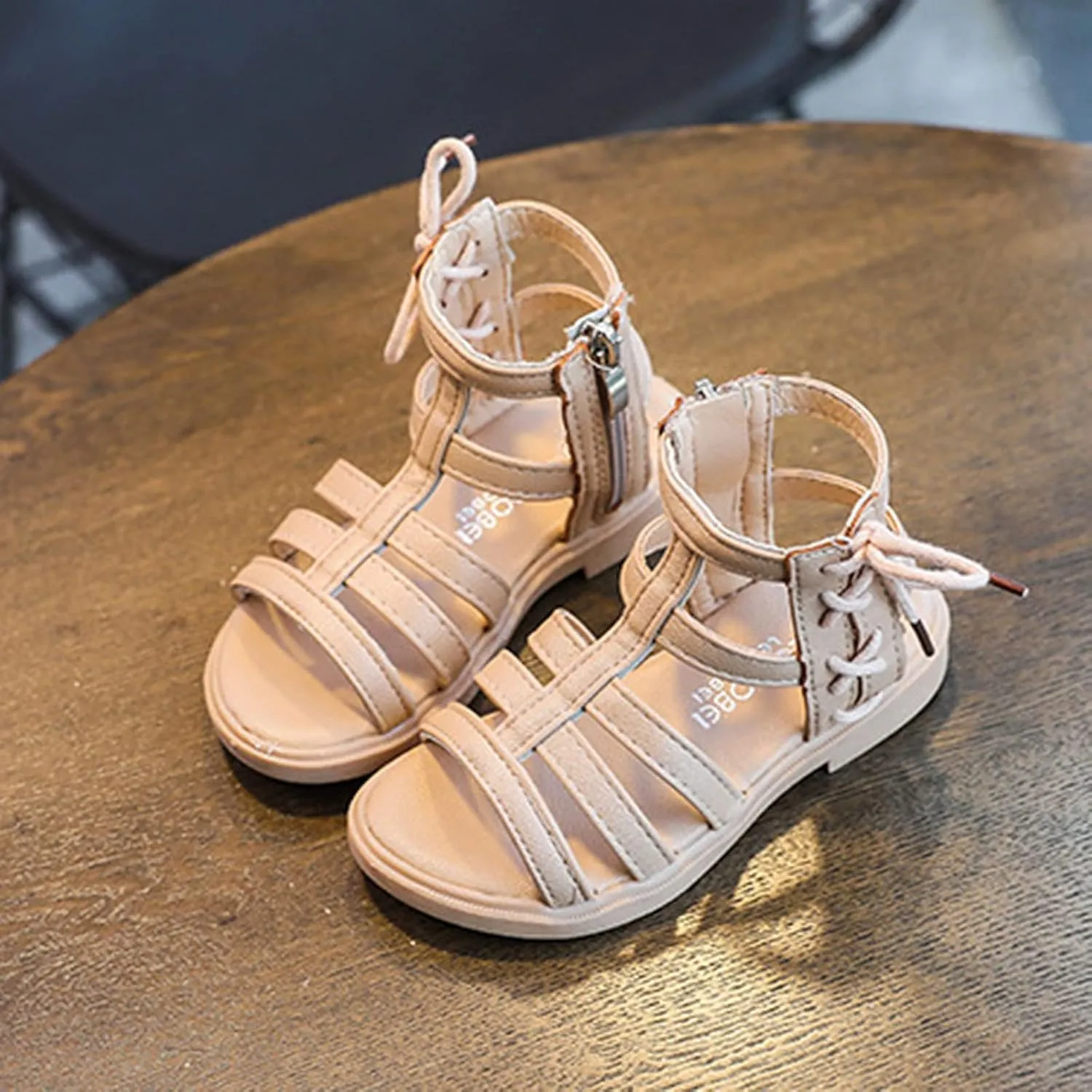 Baby Girls Leather T-Strap Gldiator Sandals Soft Breathable Pep Toe Ankle Strap Shoes Toddler Kids Side Zip Sandals