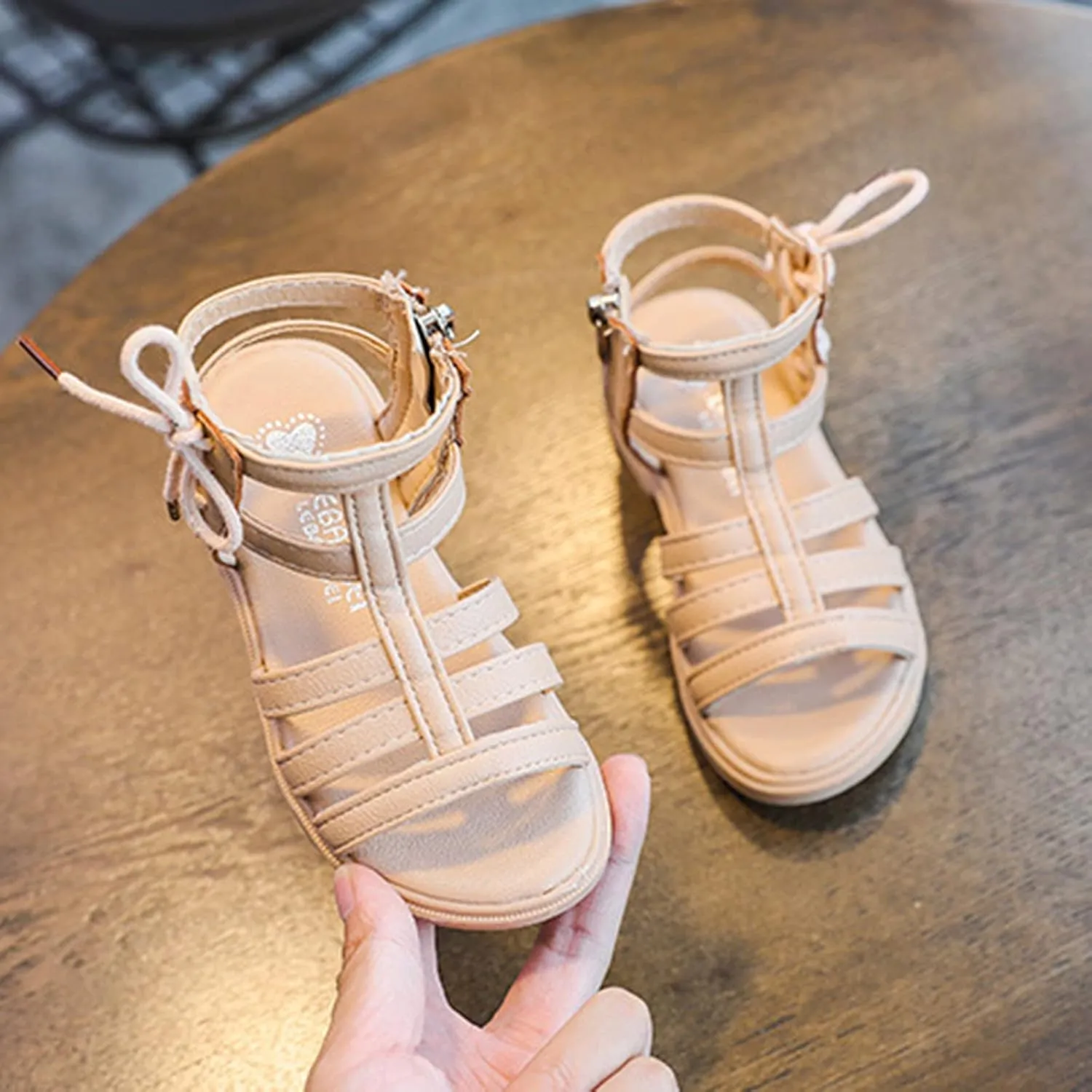 Baby Girls Leather T-Strap Gldiator Sandals Soft Breathable Pep Toe Ankle Strap Shoes Toddler Kids Side Zip Sandals