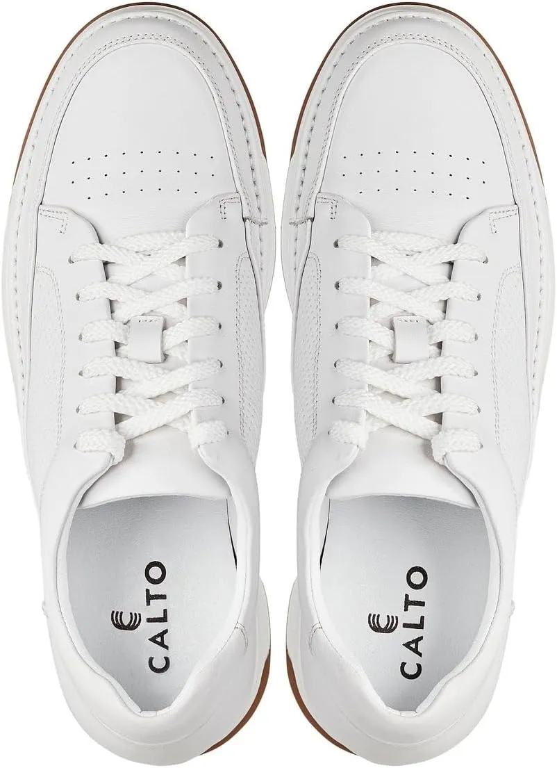 CALTO Men's Invisible Height Increasing Elevator Shoes - White/Off-White & Gum Sole Premium Leather Leather Lace-up Fashion Sneakers - 2.6 Inches Taller - Y7932 - Size 8 D(M) US