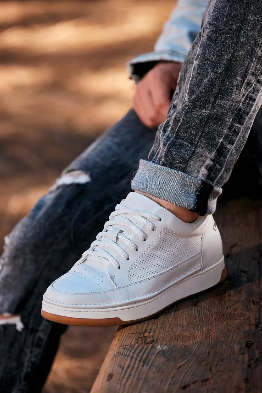 CALTO Men's Invisible Height Increasing Elevator Shoes - White/Off-White & Gum Sole Premium Leather Leather Lace-up Fashion Sneakers - 2.6 Inches Taller - Y7932 - Size 8 D(M) US