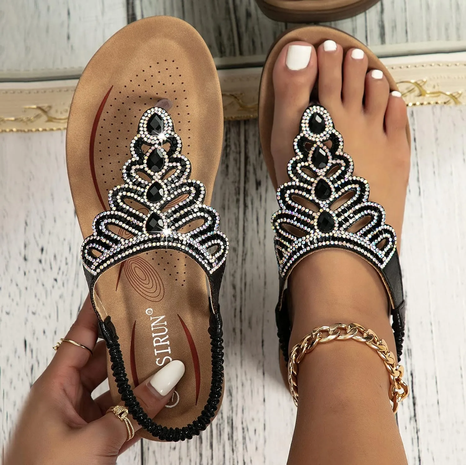 Crzidha Women's Flip Flops Rhinestone Sandals Slingback Wedges Low Heel Elastic Ankle Strap Slip On Casual Bohemian Beach Shoes Orthopedic Thong Sandals Casual Summer Clip Open Toe Dress Sandals
