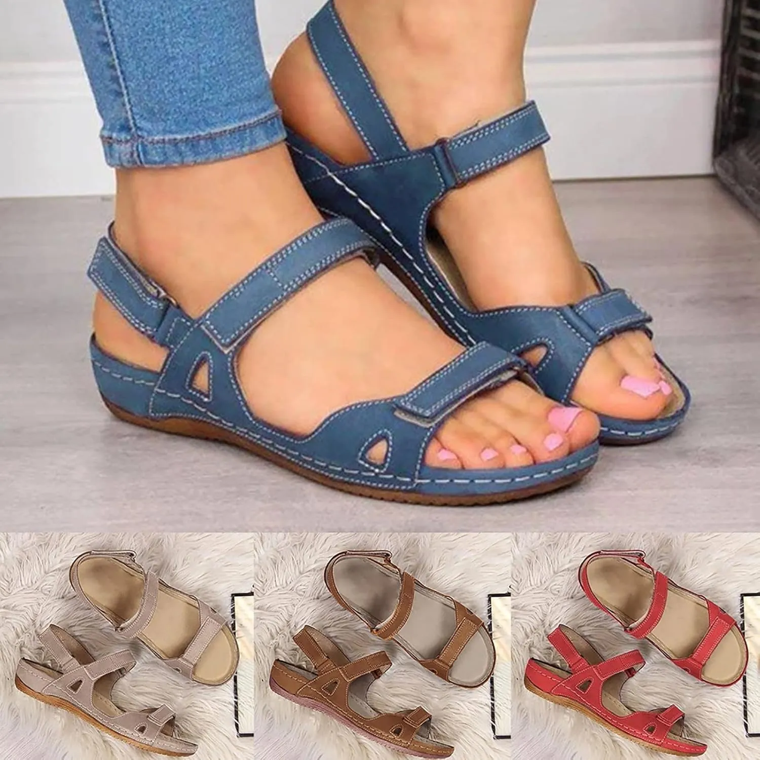 Eduavar Summer Sandals for Women, Sandals Women Comfortable Low Wedge Sandals Ankle Strap Sandals Peep Toe Shoes