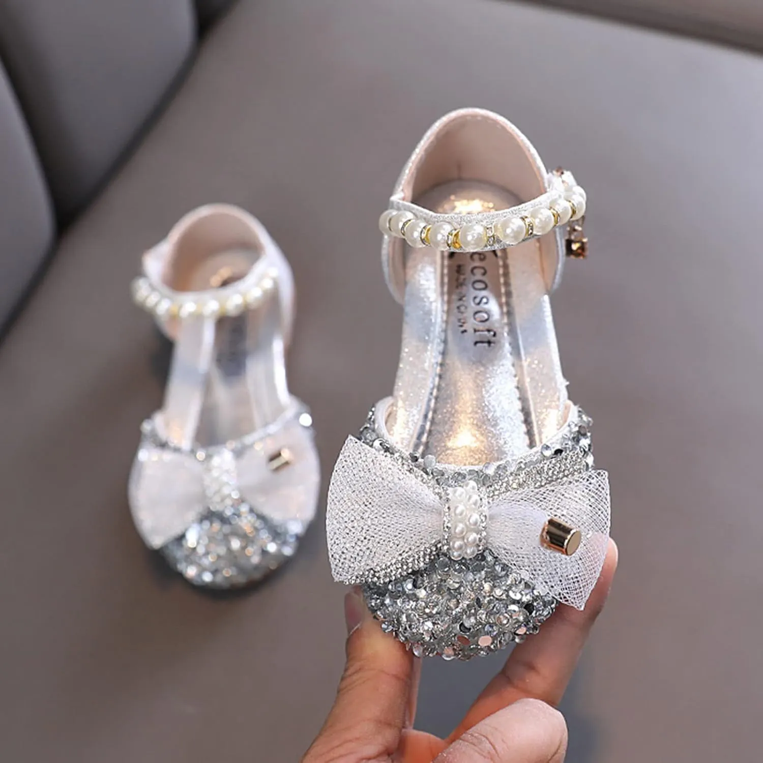 Girls Bow Sequins Princess Sandals High Heels Pearl Closed Toe Ankle Shoes Toddler Kids Summer Outdoor Dress Loafers