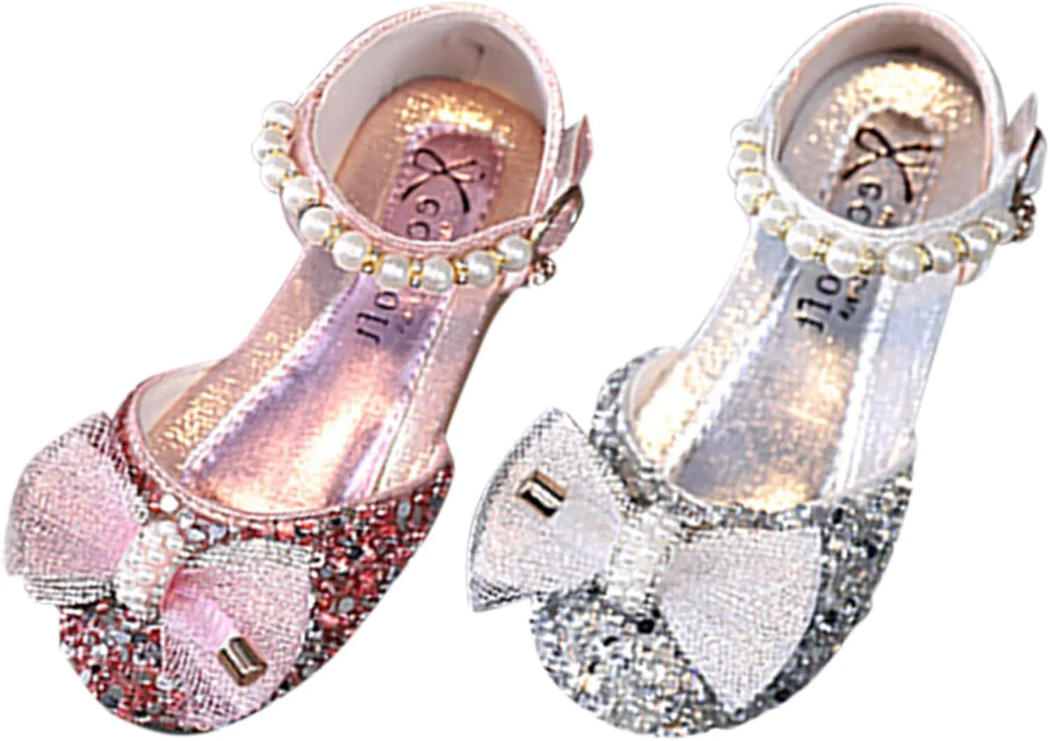 Girls Bow Sequins Princess Sandals High Heels Pearl Closed Toe Ankle Shoes Toddler Kids Summer Outdoor Dress Loafers