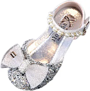 Girls Bow Sequins Princess Sandals High Heels Pearl Closed Toe Ankle Shoes Toddler Kids Summer Outdoor Dress Loafers