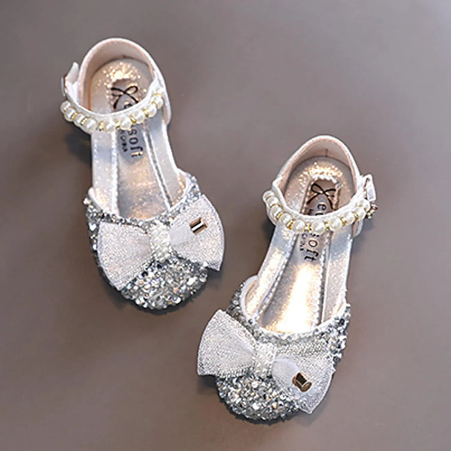 Girls Bow Sequins Princess Sandals High Heels Pearl Closed Toe Ankle Shoes Toddler Kids Summer Outdoor Dress Loafers