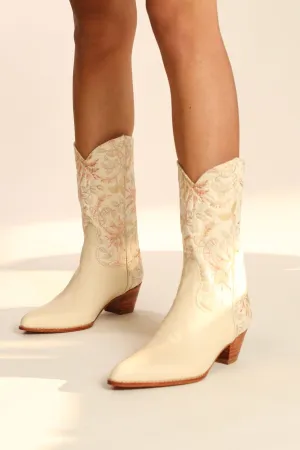 IVORY PINK FLOWER LEAF EMBROIDERED WESTERN BOOTS CHINELO