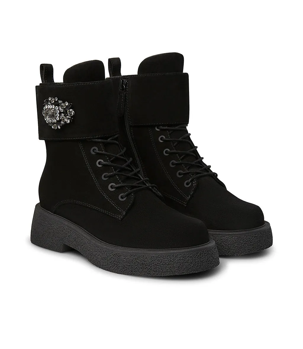 Jewel-buckle black velour ankle boots