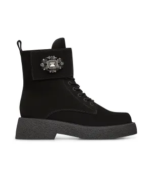 Jewel-buckle black velour ankle boots