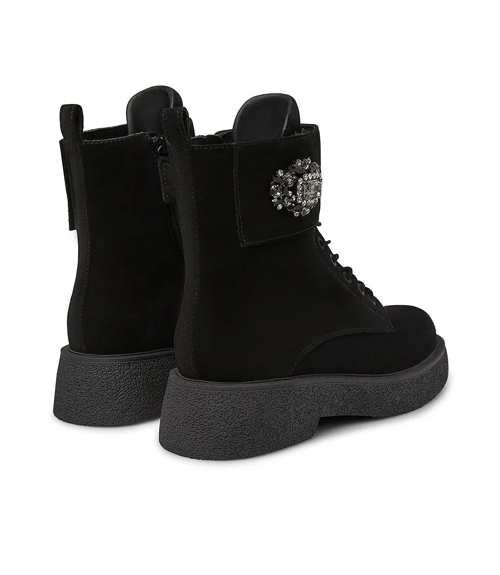 Jewel-buckle black velour ankle boots