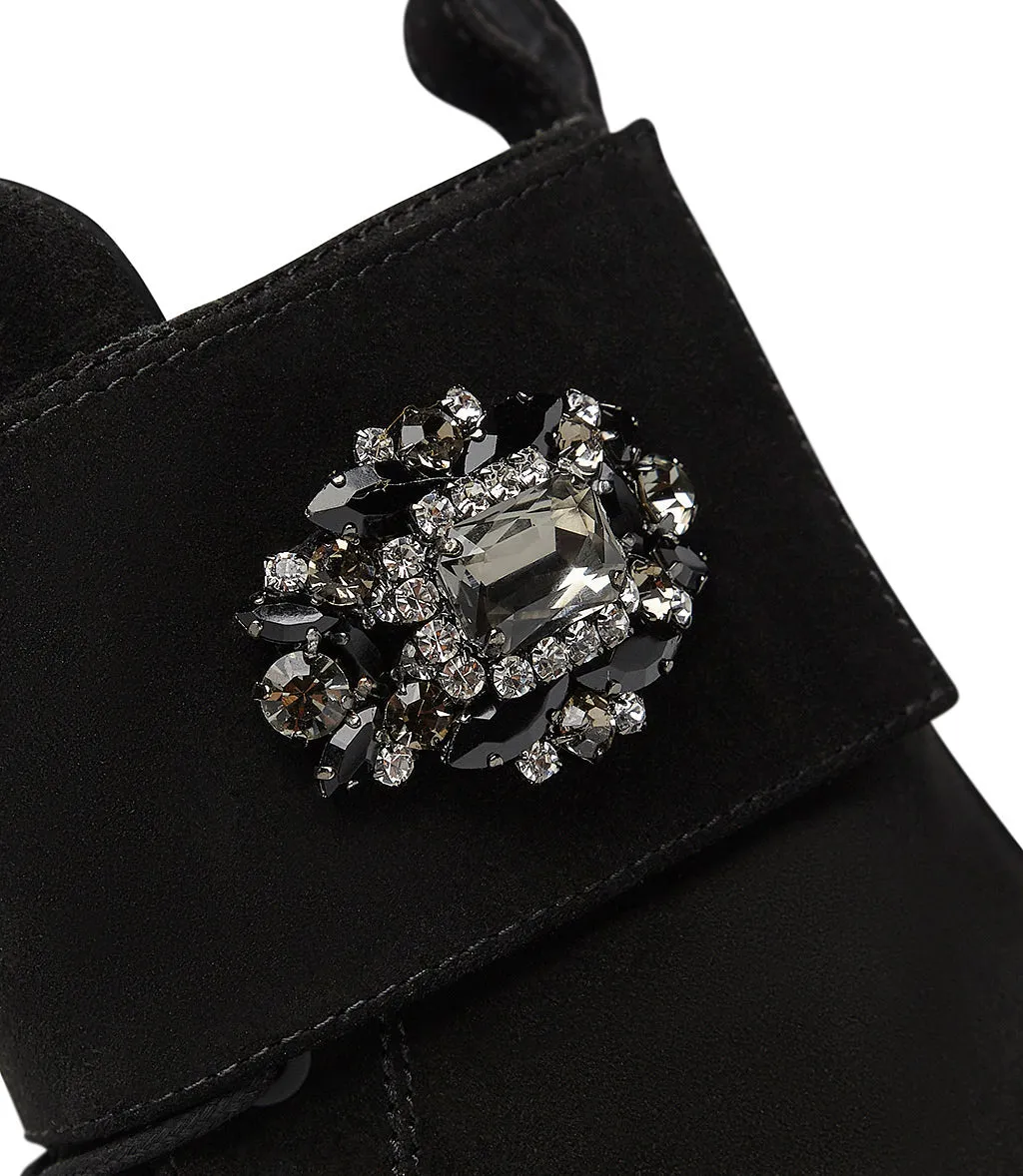 Jewel-buckle black velour ankle boots