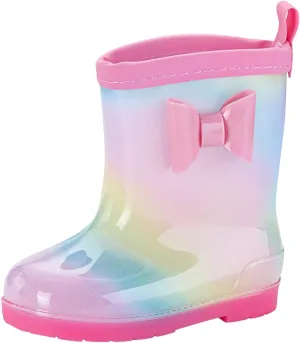 Kids Bow Rain Boots for Girls Boys Toddler Waterproo Rubber Cute Rainbow Rain Shoes with Easy On Handles