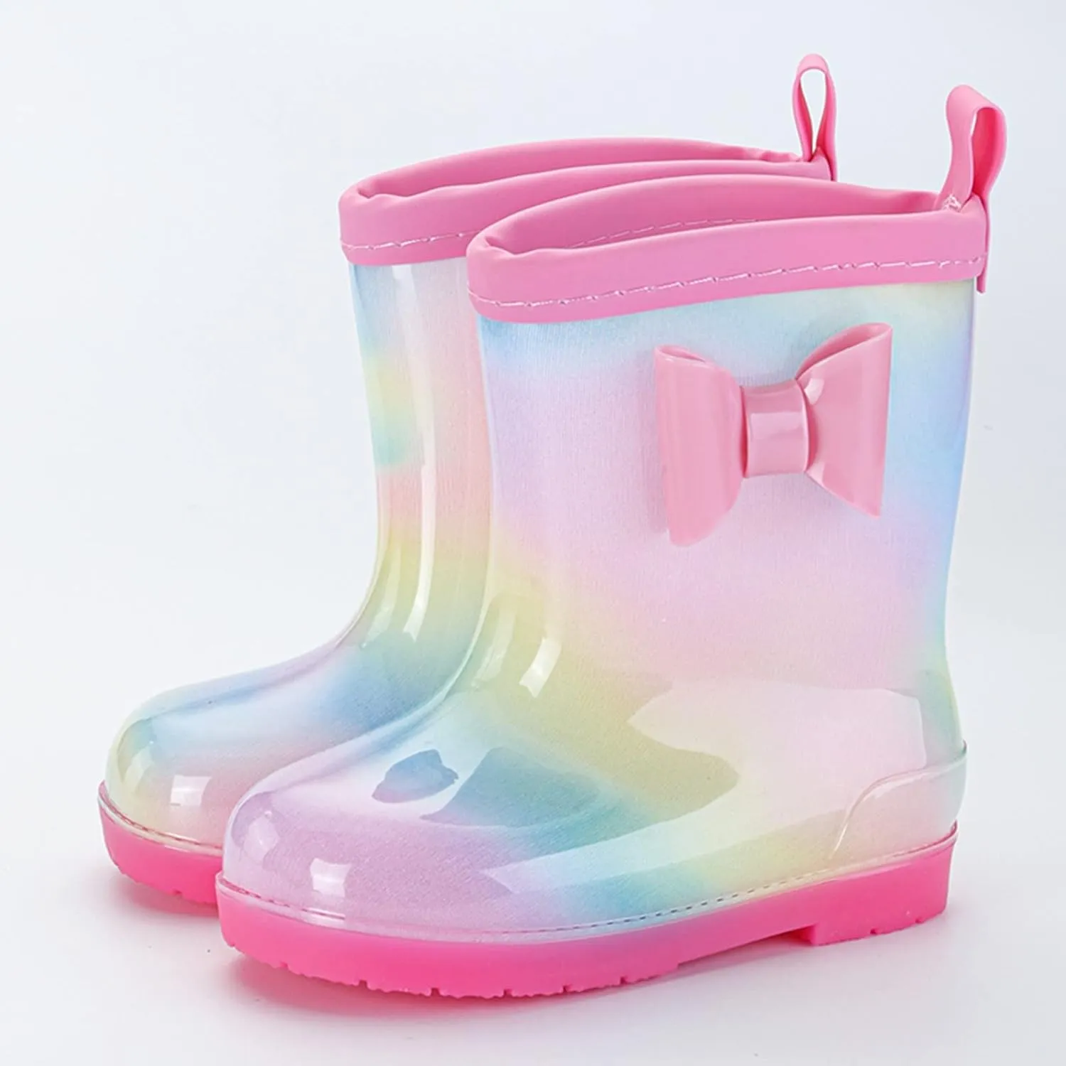 Kids Bow Rain Boots for Girls Boys Toddler Waterproo Rubber Cute Rainbow Rain Shoes with Easy On Handles