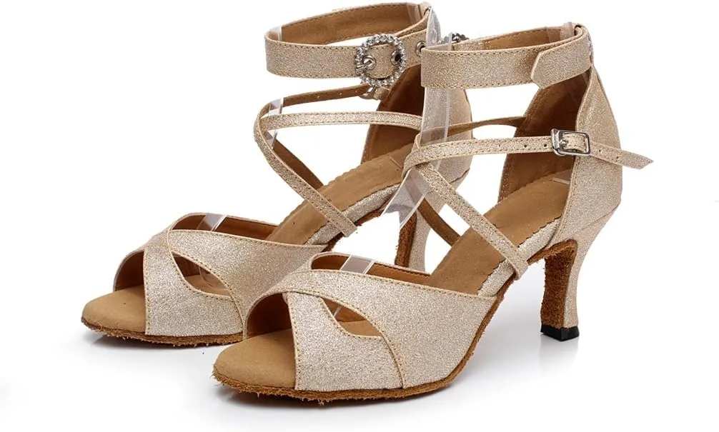 Minishion QJ6214 Women's Double Ankle Strap Glitter Salsa Latin Dance Shoes