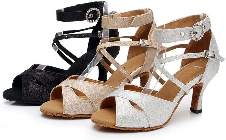 Minishion QJ6214 Women's Double Ankle Strap Glitter Salsa Latin Dance Shoes