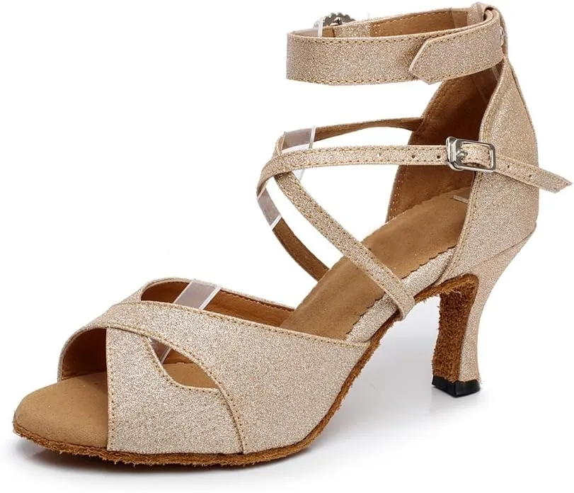 Minishion QJ6214 Women's Double Ankle Strap Glitter Salsa Latin Dance Shoes