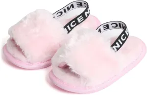 QIETION Girl's Soft Plush Lightweight House Slippers Non Slip Cross Band Slip on Open Toe Cozy Indoor Outdoor Slippers X102 Pink 12CM