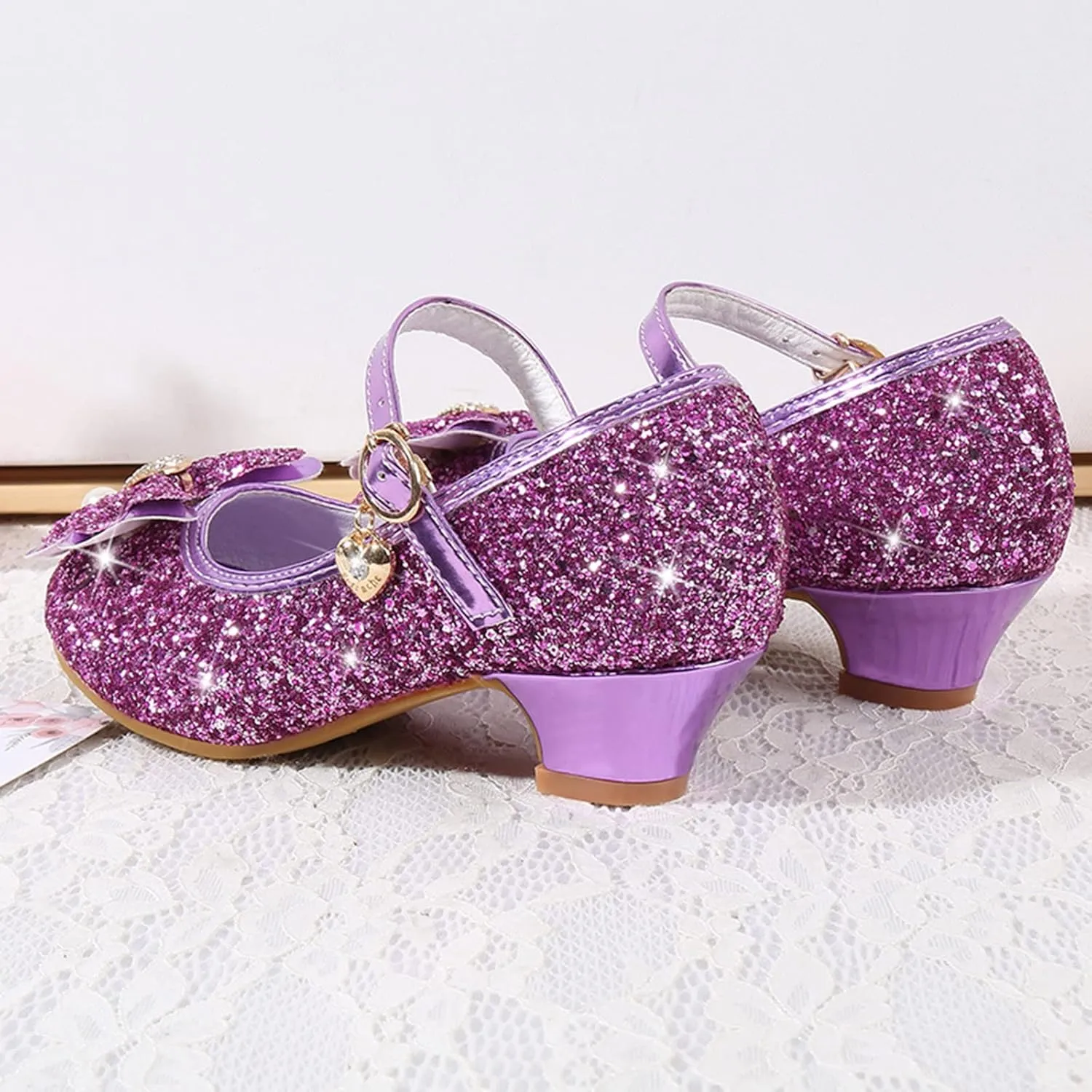 Sequins High Heel Bow Sandals with Strap for Girls Kids Toddler Closed Toe Ankle Shoes Wedding Dance Sandals