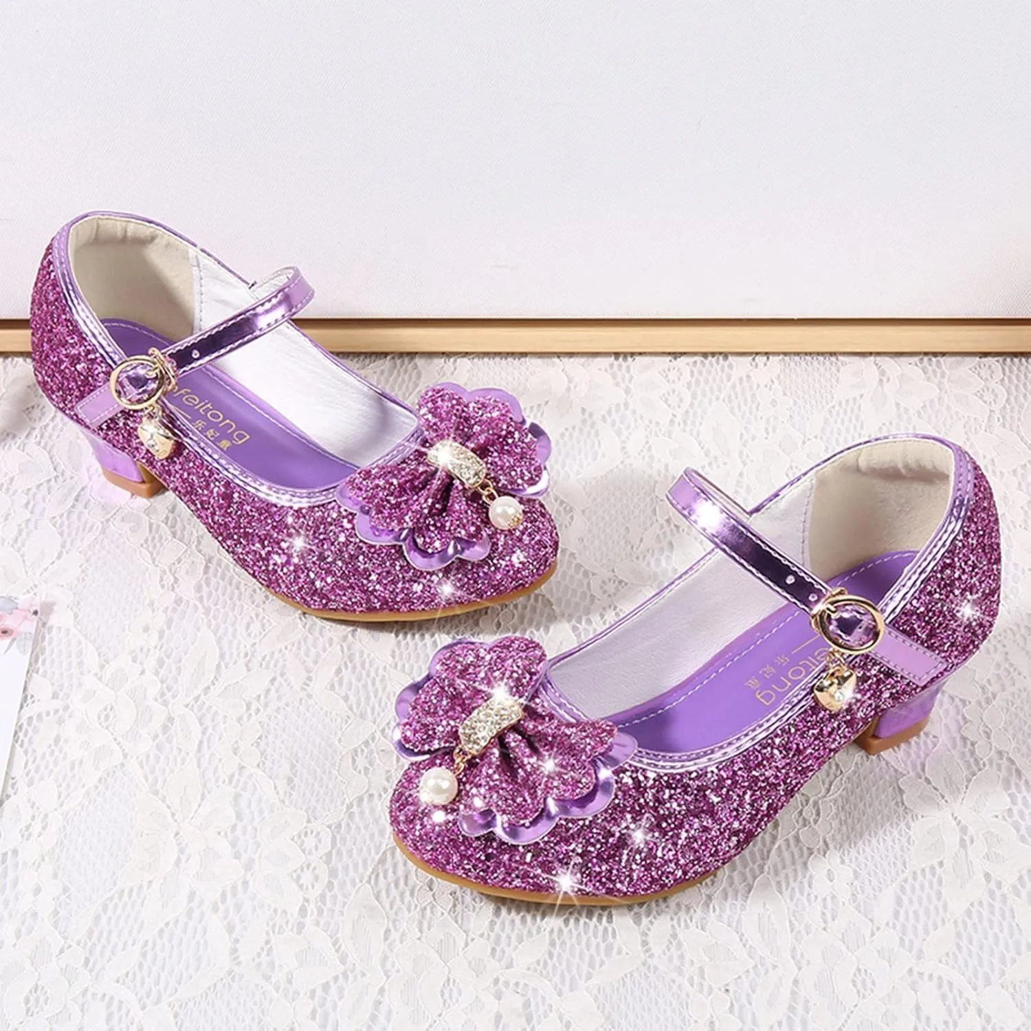 Sequins High Heel Bow Sandals with Strap for Girls Kids Toddler Closed Toe Ankle Shoes Wedding Dance Sandals