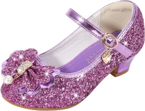 Sequins High Heel Bow Sandals with Strap for Girls Kids Toddler Closed Toe Ankle Shoes Wedding Dance Sandals