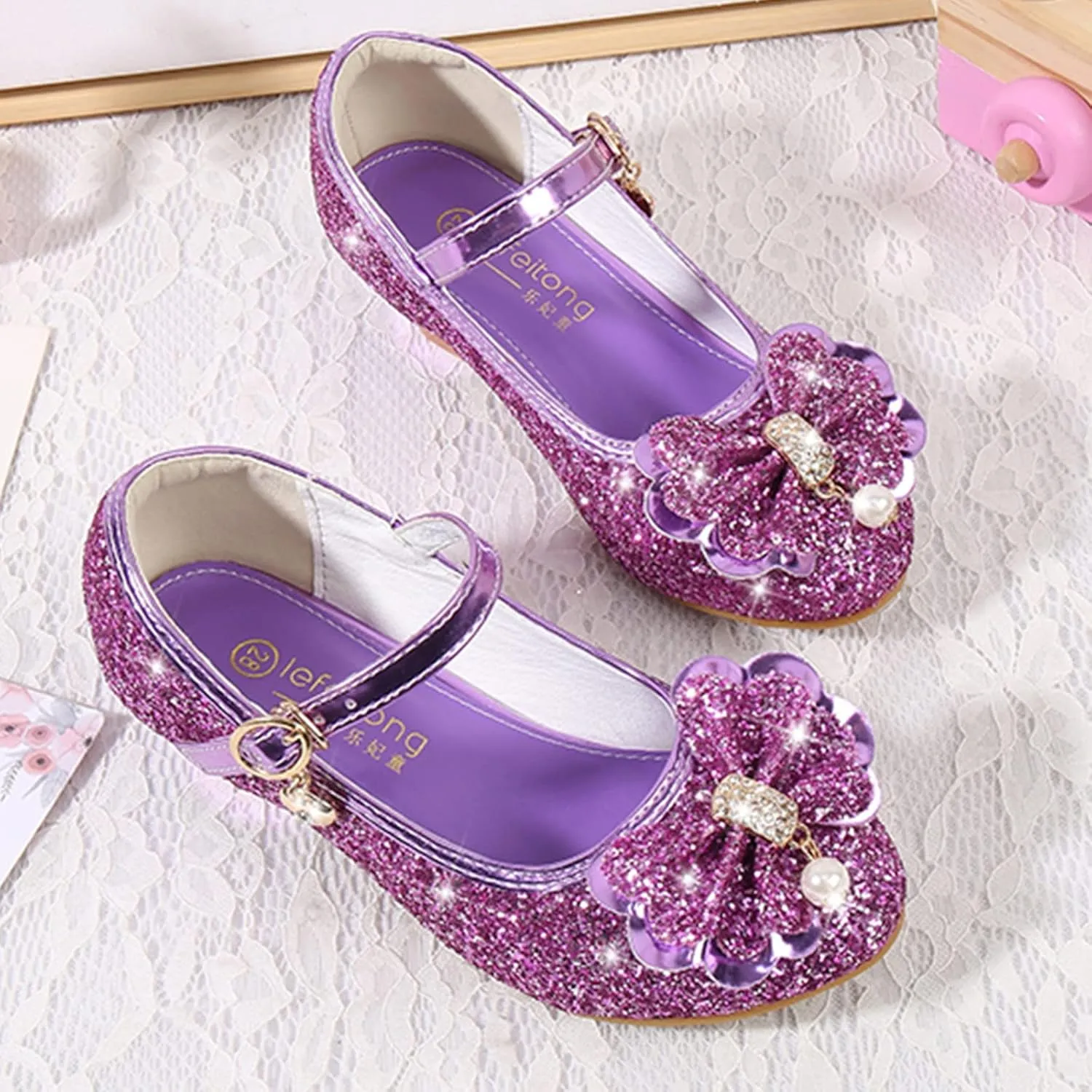Sequins High Heel Bow Sandals with Strap for Girls Kids Toddler Closed Toe Ankle Shoes Wedding Dance Sandals