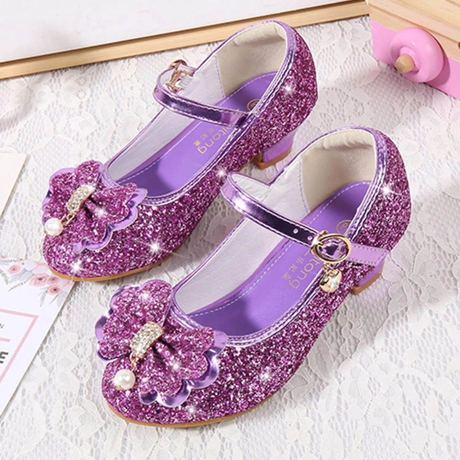 Sequins High Heel Bow Sandals with Strap for Girls Kids Toddler Closed Toe Ankle Shoes Wedding Dance Sandals