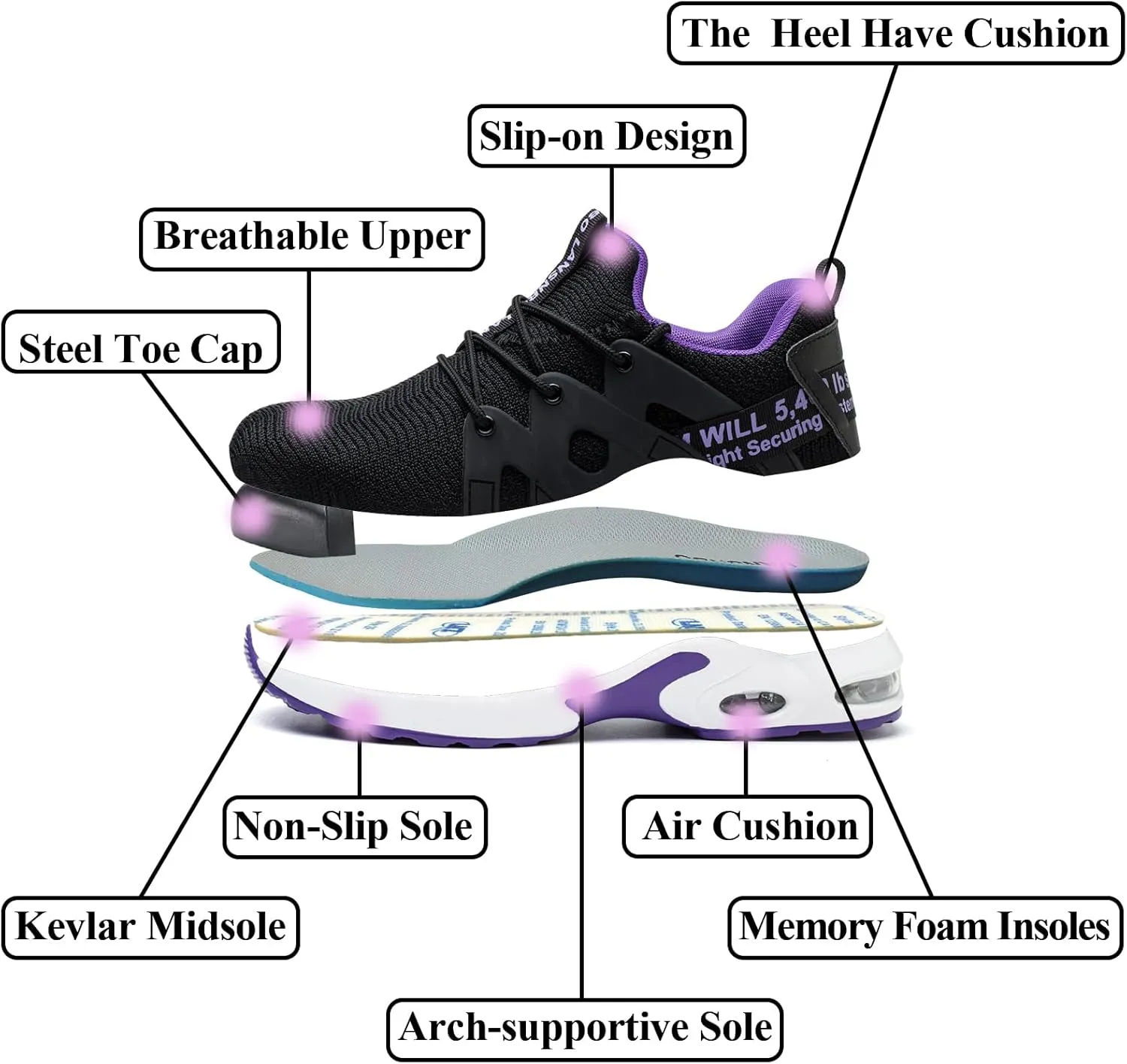 Steel Toe Shoes for Women Indestructible Safety Work Shoes Air Cushion Lightweight Breathable Utility Sneakers Puncture Proof Slip Resistant Composite Toe Footwear