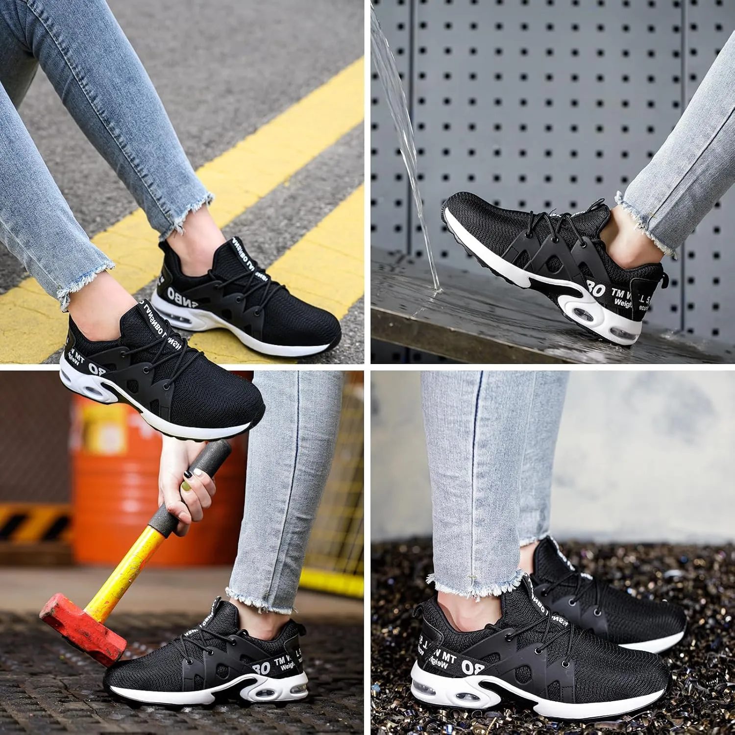Steel Toe Shoes for Women Indestructible Safety Work Shoes Air Cushion Lightweight Breathable Utility Sneakers Puncture Proof Slip Resistant Composite Toe Footwear