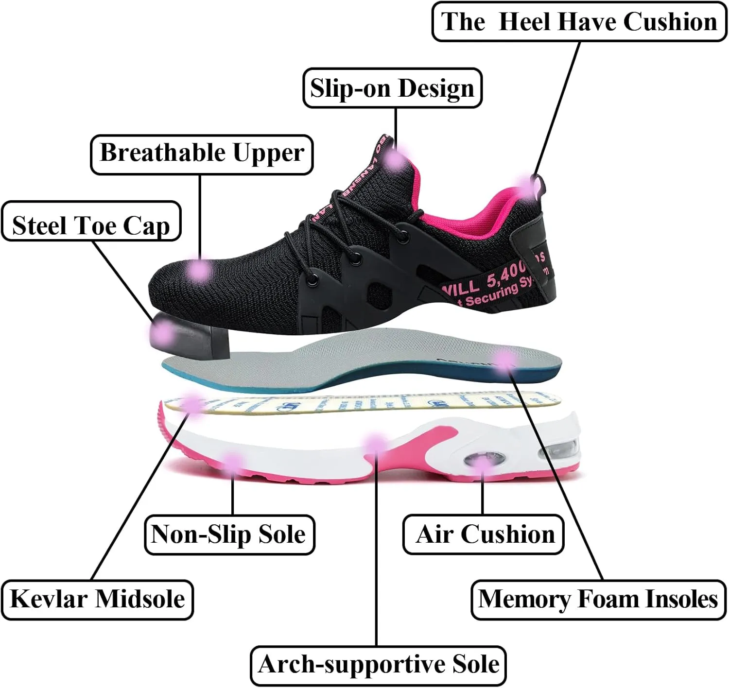 Steel Toe Shoes for Women Indestructible Safety Work Shoes Air Cushion Lightweight Breathable Utility Sneakers Puncture Proof Slip Resistant Composite Toe Footwear