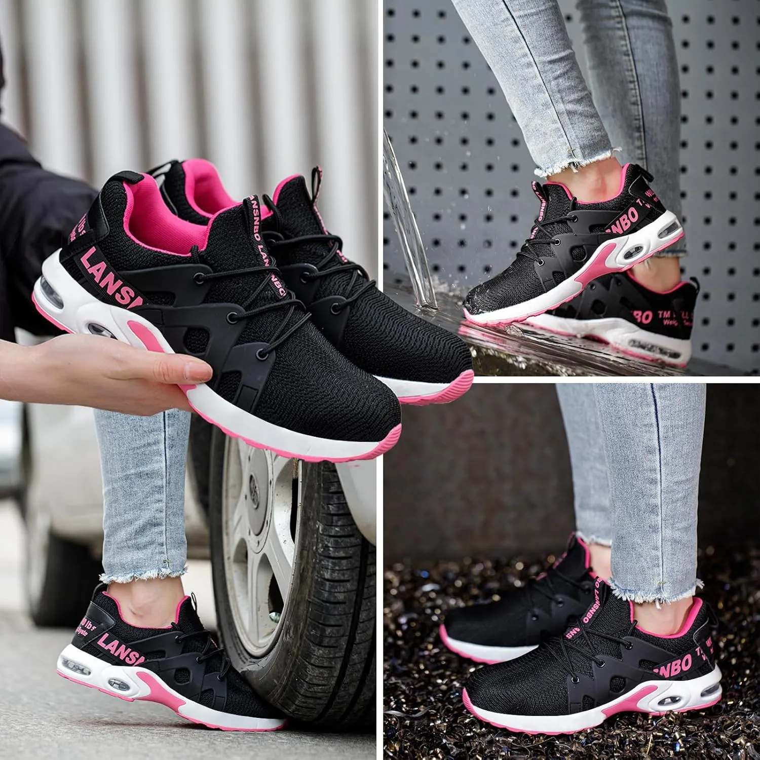 Steel Toe Shoes for Women Indestructible Safety Work Shoes Air Cushion Lightweight Breathable Utility Sneakers Puncture Proof Slip Resistant Composite Toe Footwear