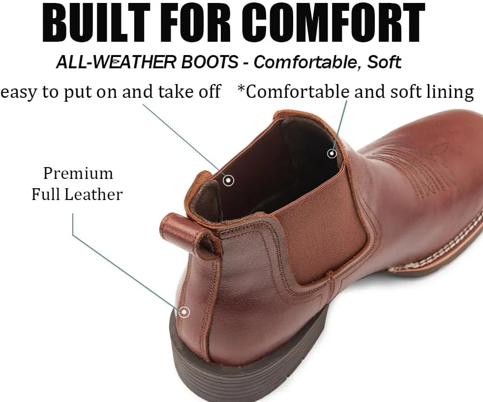 SUREWAY Mens Western Chelsea Cowboy Boots for Men Square Toe,Rugged Slip-On Work/Casual/Dress Boots for Men,Comfort Slip Resistant Ankle Leather Boots