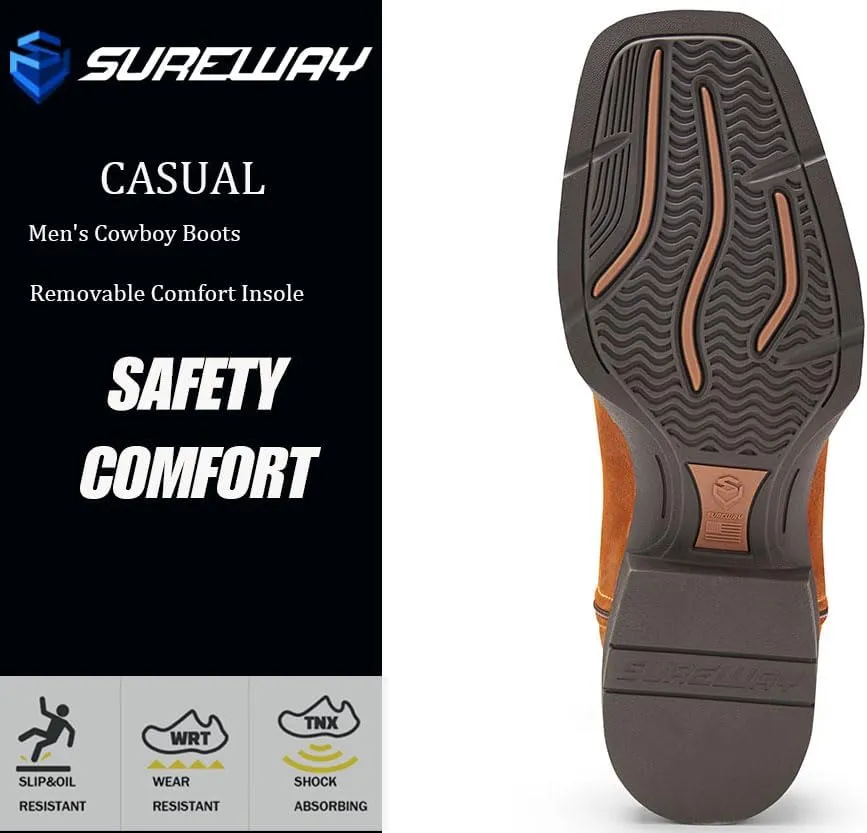 SUREWAY Mens Western Chelsea Cowboy Boots for Men Square Toe,Rugged Slip-On Work/Casual/Dress Boots for Men,Comfort Slip Resistant Ankle Leather Boots