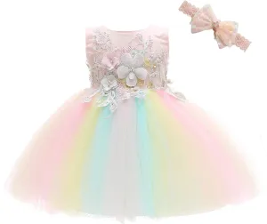 Weileenice Baby Girls Wedding Dress Rainbow Tulle 3D Embroidery Princess Tutu Dresses