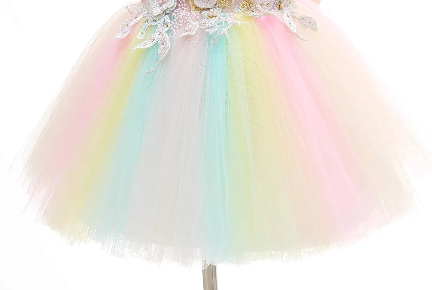 Weileenice Baby Girls Wedding Dress Rainbow Tulle 3D Embroidery Princess Tutu Dresses