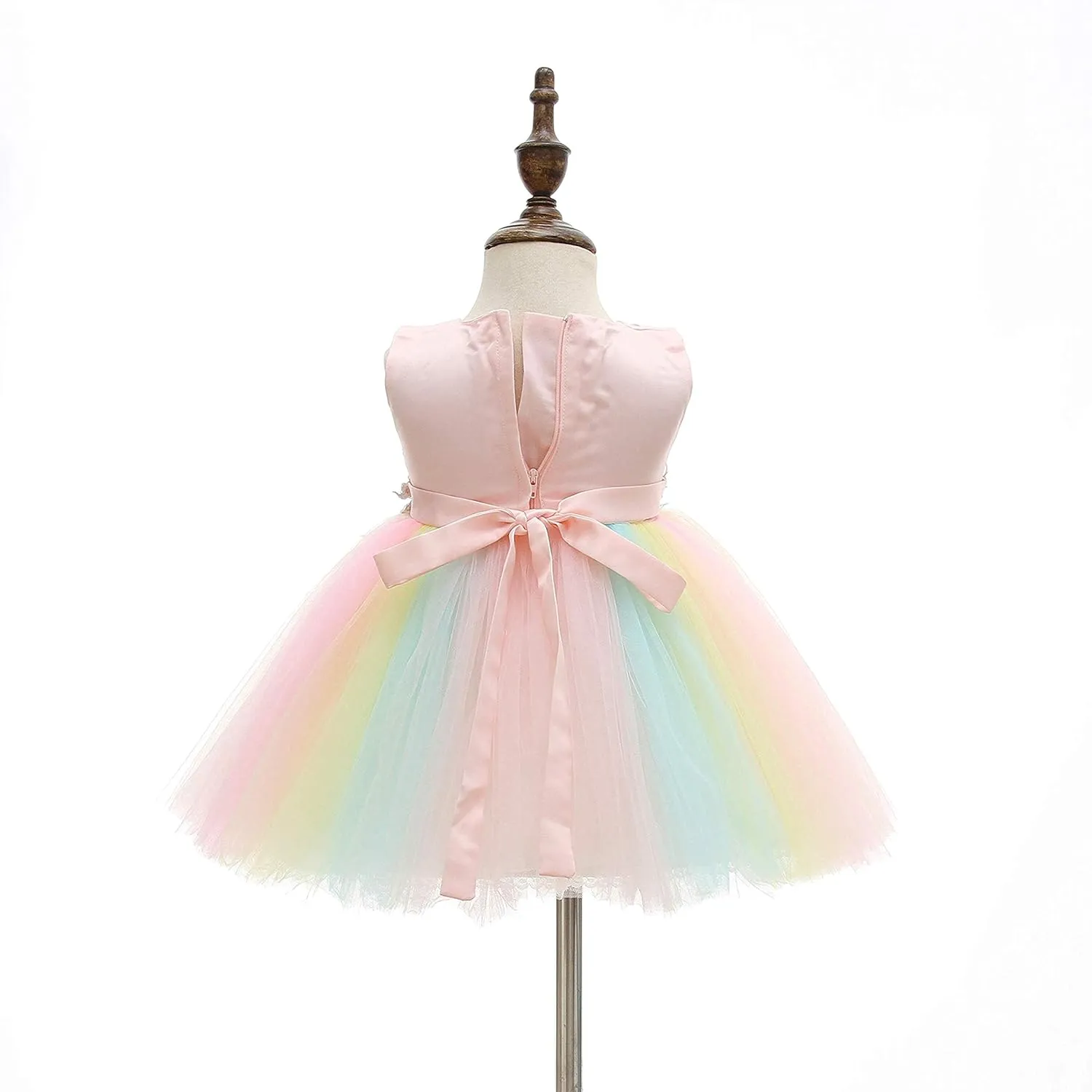 Weileenice Baby Girls Wedding Dress Rainbow Tulle 3D Embroidery Princess Tutu Dresses