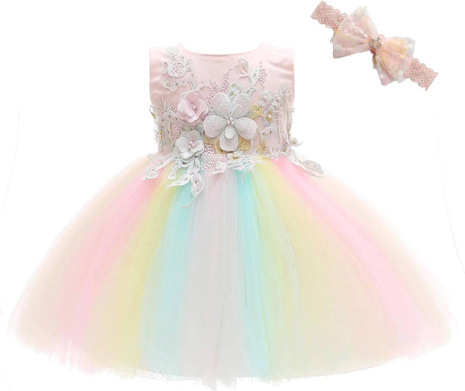 Weileenice Baby Girls Wedding Dress Rainbow Tulle 3D Embroidery Princess Tutu Dresses