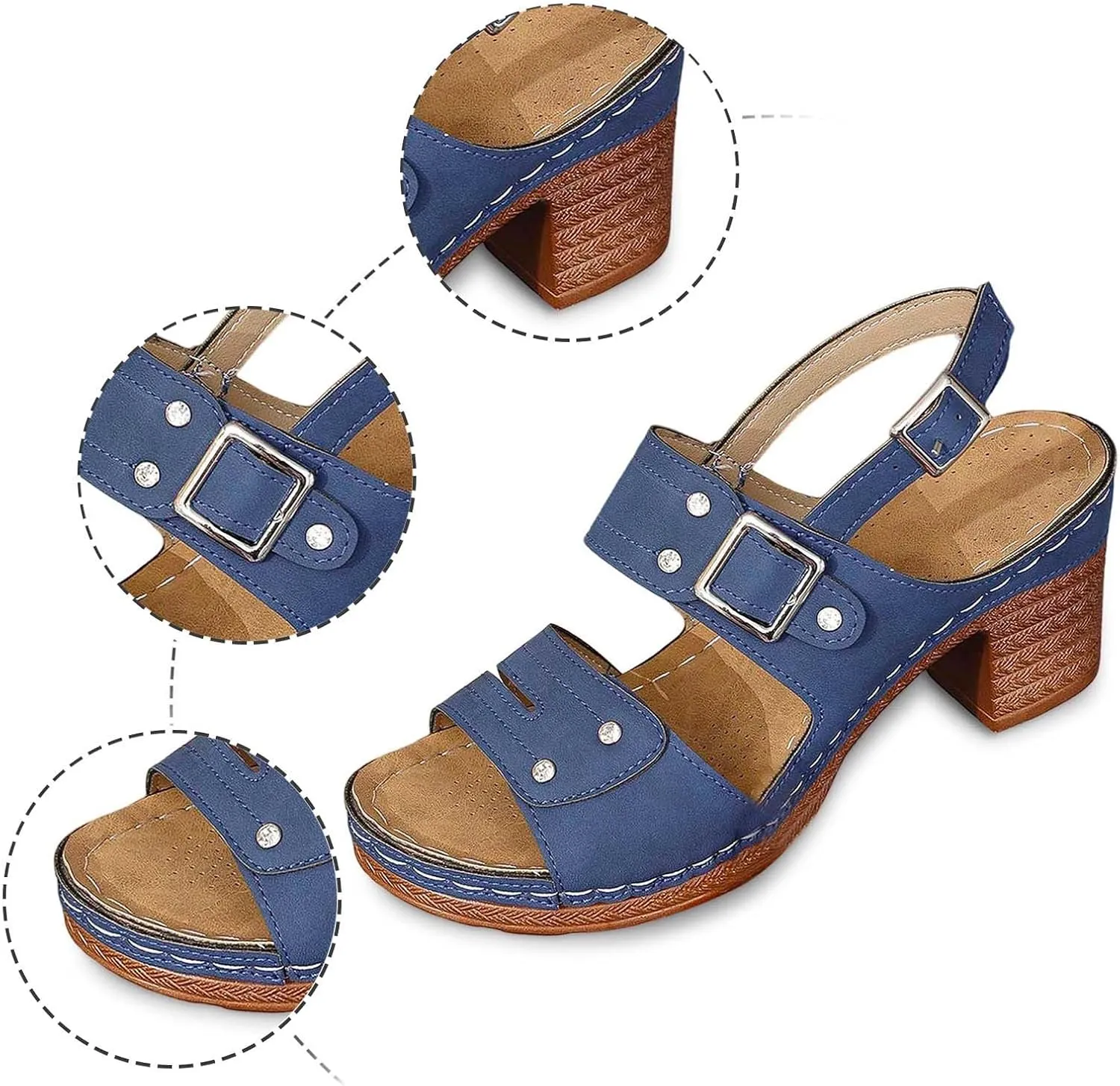 Women Summer Solid Buckle Strap Casual Open Toe Square Heels Comfortable Beach Shoes Sandals Double Buckle Sandals for Women