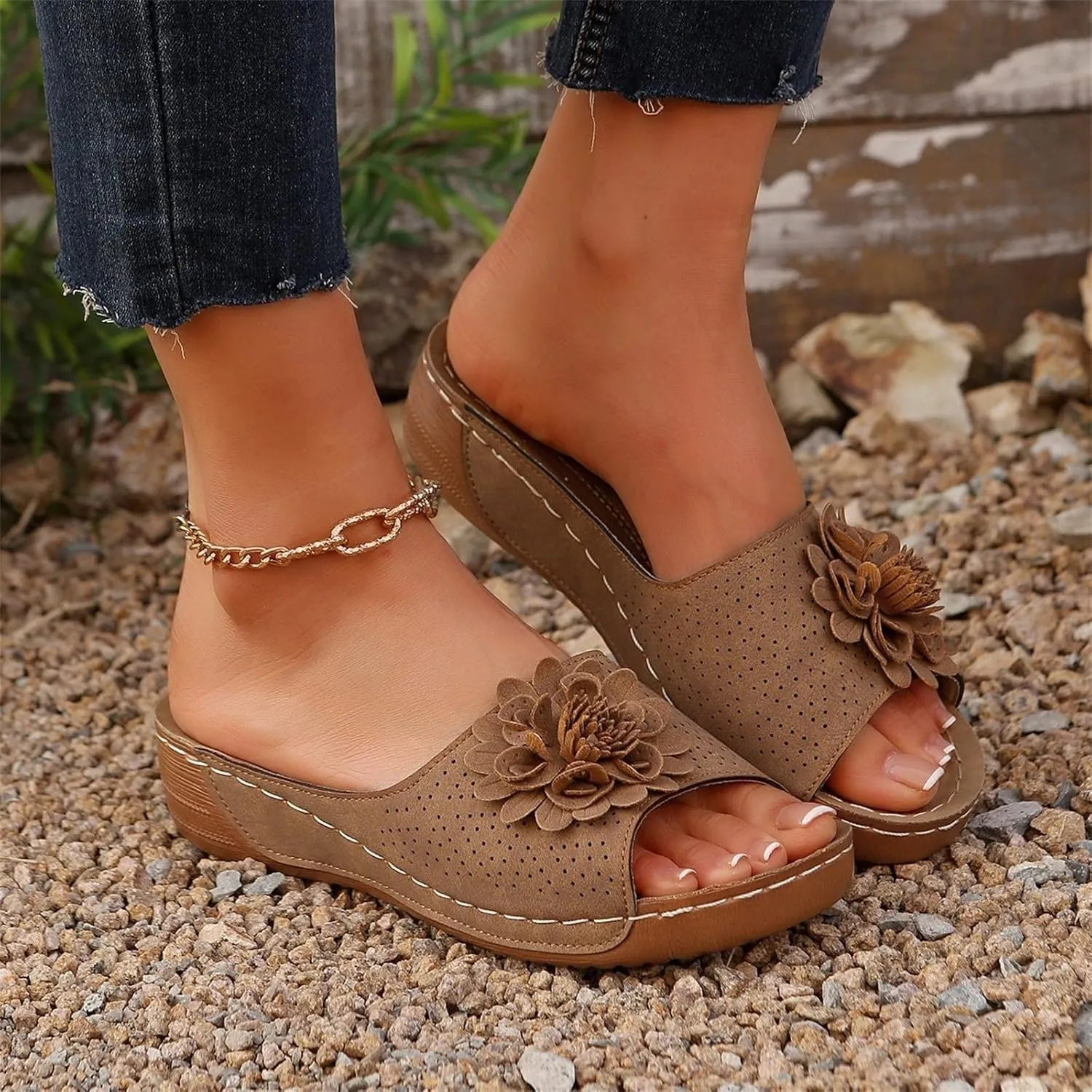 Women's Fashion Flower Sandals Orthopedic Arch Support Fish Mouth Open Toe Sandal Slippers Wedge Platform Summer Beach Walking Shoes